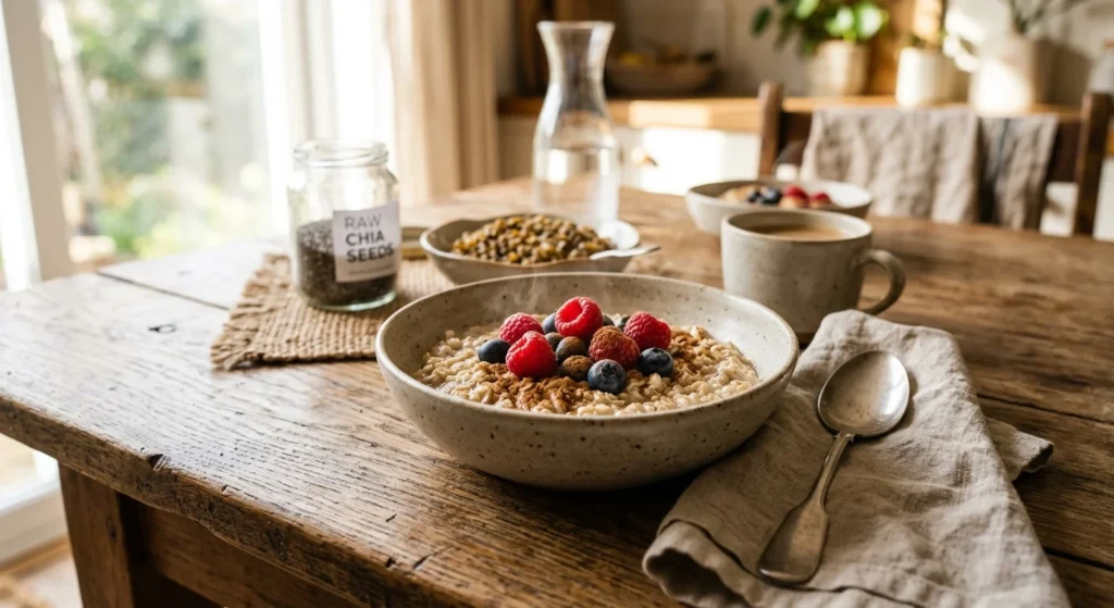 A close-up of a warm bowl of rolled oats topped with fresh berries and cinnamon on a sunlit wooden table.
