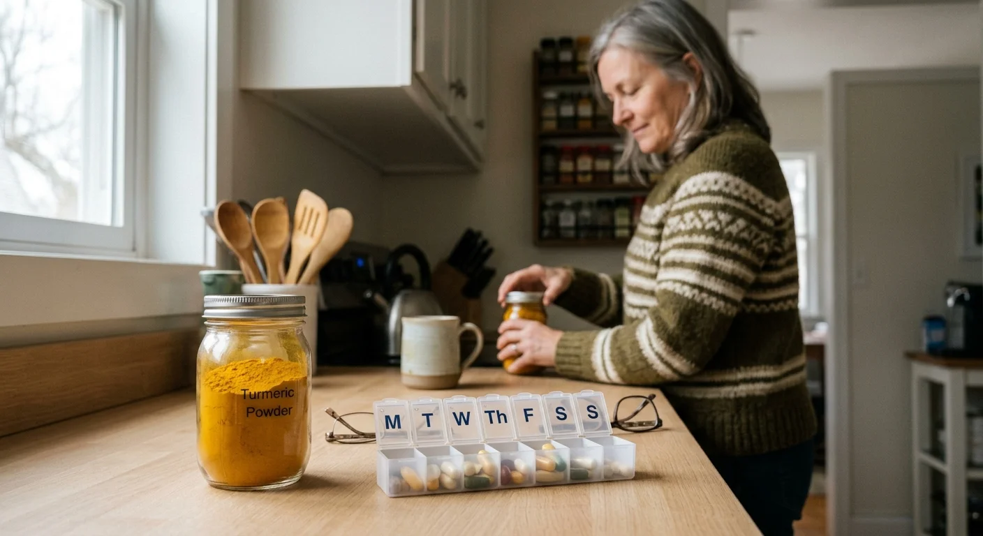 A close-up photo of a kitchen counter with a jar of turmeric next to a daily pill organizer, reflecting safety and moderation.