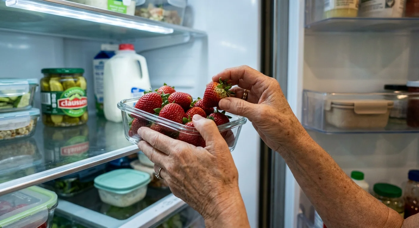 A close-up photograph of a senior woman's hands inspecting a fresh strawberry for mold inside a clean, organized refrigerator.