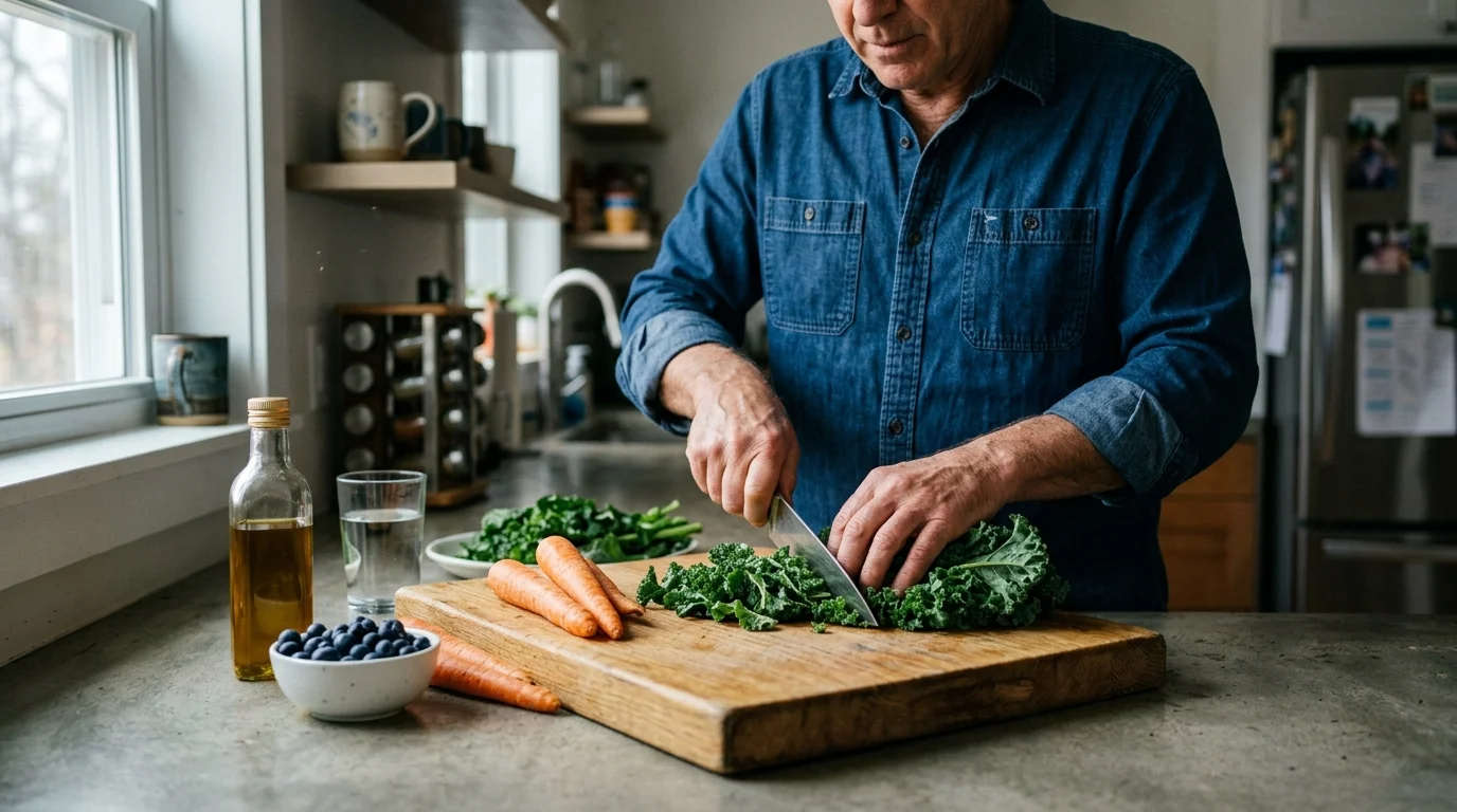 A close-up photograph of an older adult chopping fresh kale and carrots on a rustic cutting board in a home kitchen.