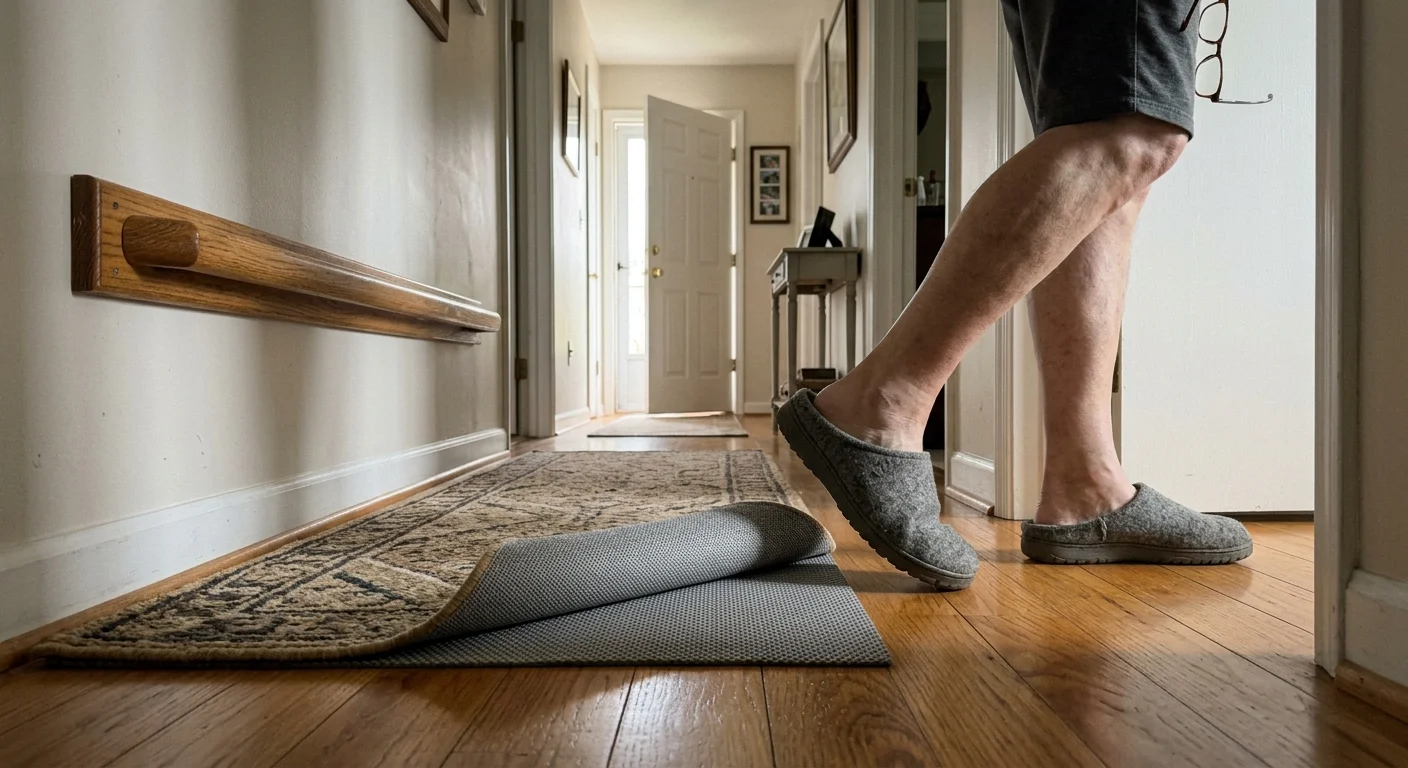A close-up photograph of an older adult in sturdy slippers walking safely past a secure rug in a hallway with a wooden handrail.