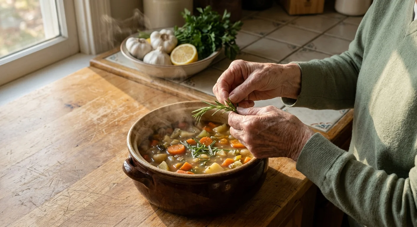 A close-up photograph of an older woman's hands stripping fresh rosemary into a steaming pot of stew in a sunlit home kitchen.