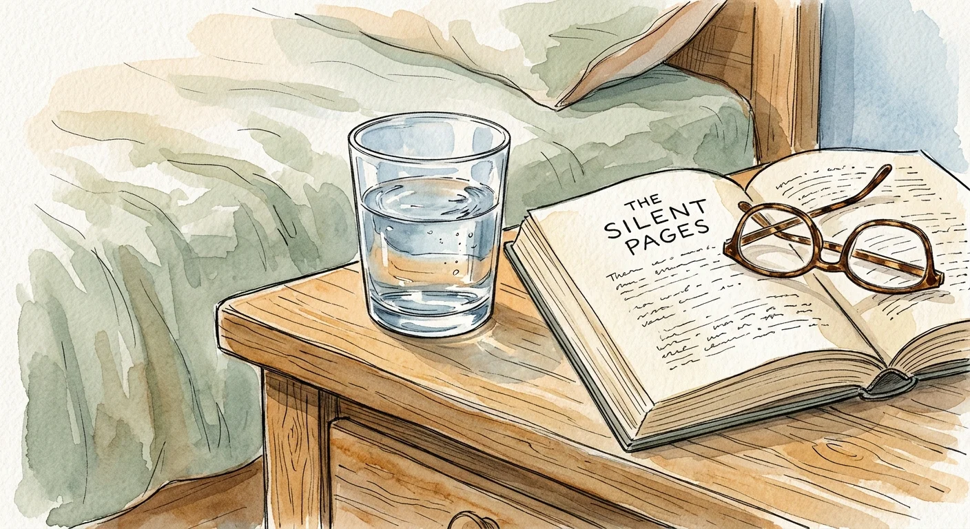 A cozy watercolor illustration of a nightstand with a glass of water, an open book, and reading glasses in morning light.