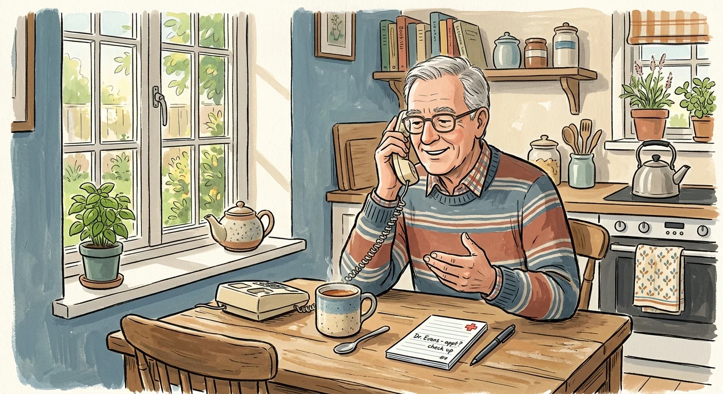 A gentle gouache illustration of an older man sitting at a kitchen table, calmly speaking on the phone to consult his doctor.