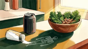 A gouache and ink illustration of a kitchen counter with a salt shaker spilling salt that turns into a bone outline, next to kale and almond
