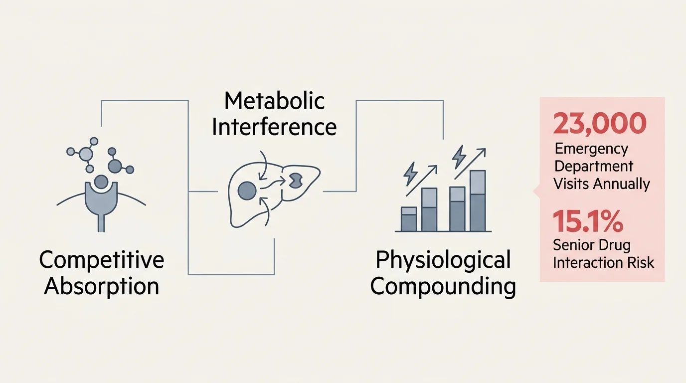 A horizontal data diagram explaining competitive absorption, metabolic interference, and physiological compounding with senior health stats.
