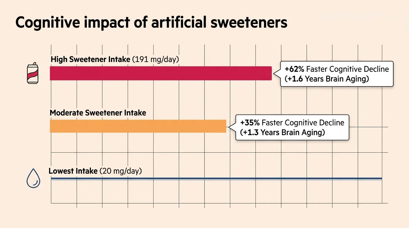 A horizontal infographic comparing high and moderate sweetener intake, showing accelerated cognitive decline rates from medical study data.
