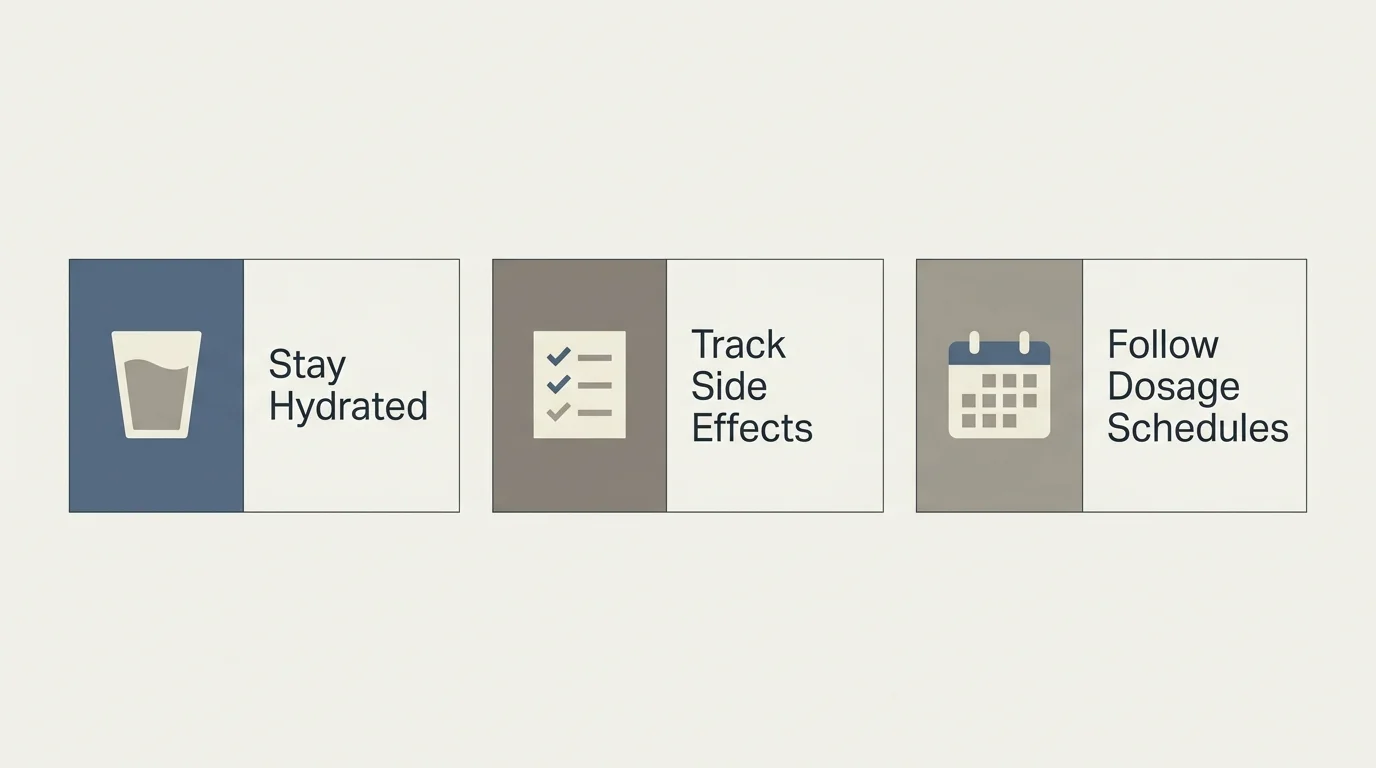 A horizontal, minimalist infographic detailing key safety steps: hydration, tracking side effects, and following dosage schedules.