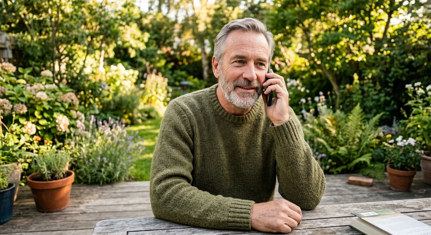 A mature man sitting on a sunny porch, smiling while making a phone call to coordinate his healthcare.