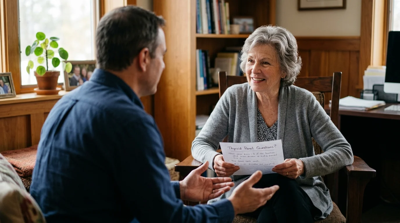 A mature woman actively consulting with her doctor, holding a sheet of handwritten questions about her thyroid panel.