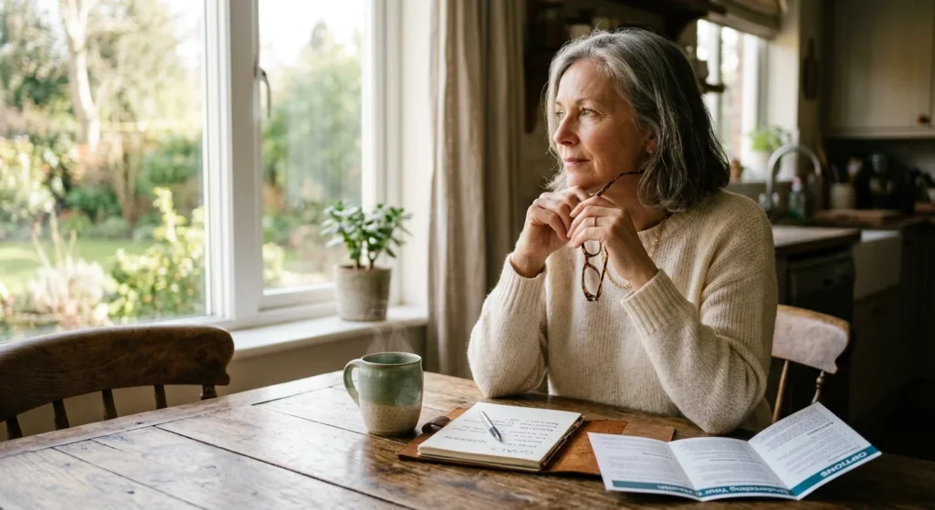 A mature woman sitting thoughtfully at her kitchen table, looking over medical documents in soft morning light.