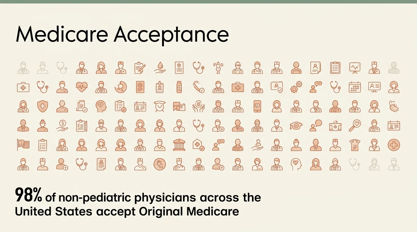 A minimalist editorial grid diagram showing that 98% of non-pediatric US physicians accept Original Medicare.