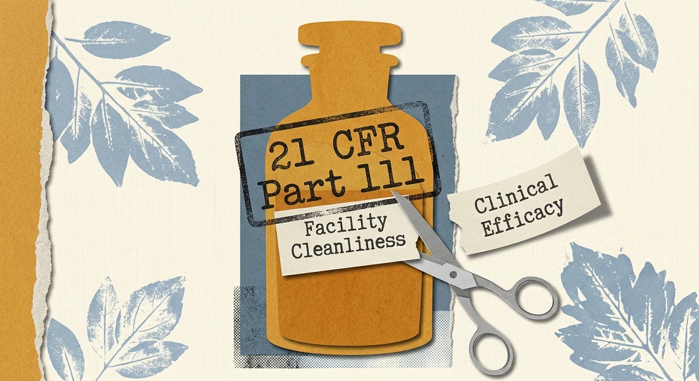 A paper collage showing an apothecary bottle with a stamp reading 21 CFR Part 111, with a label split between cleanliness and efficacy.