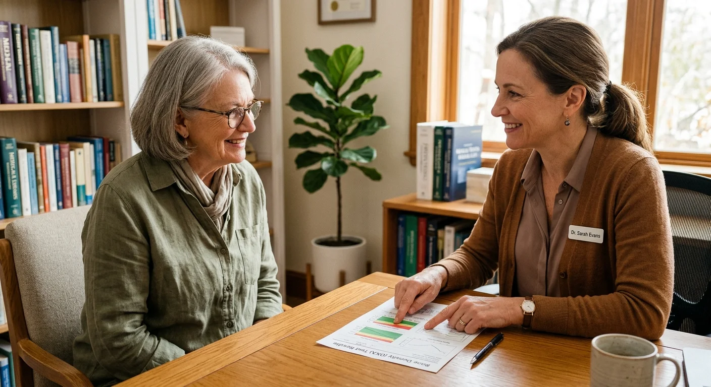 A photograph of an older woman consulting with a doctor who is pointing to a bone density chart in a warm, sunlit office.