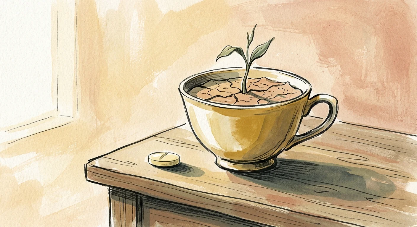 A poetic illustration of a teacup containing a dry, cracked clay landscape with a single sprout next to an unused multivitamin pill.
