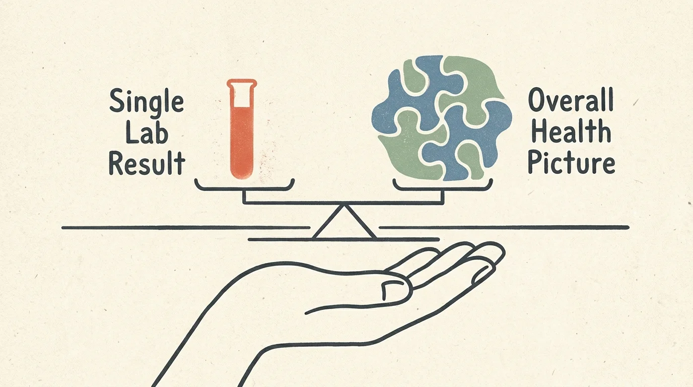 A risograph illustration of a balance scale weighing a single lab result against the overall health picture.