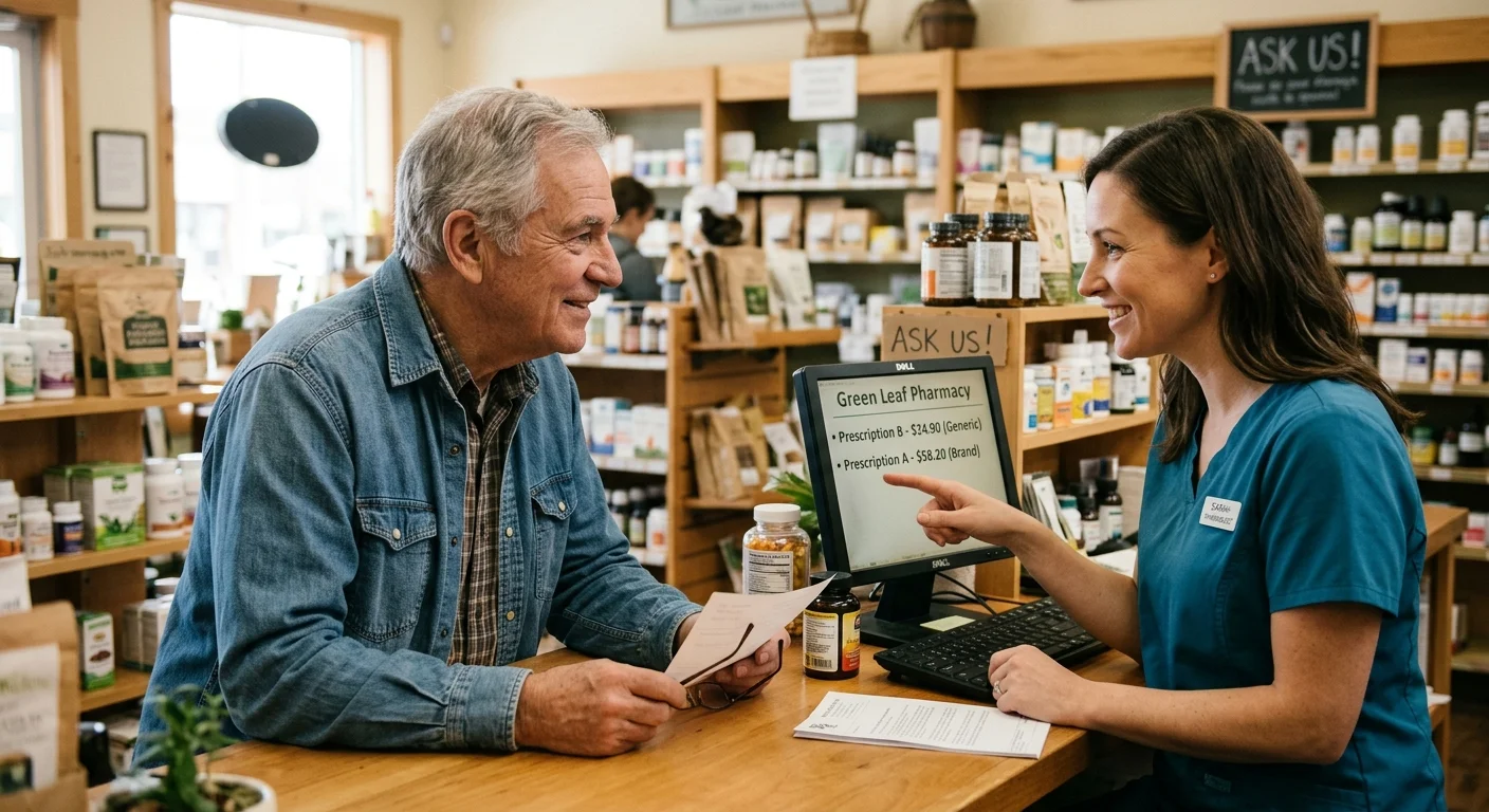A senior man consults with a friendly pharmacist over a counter in a warm, local pharmacy setting.