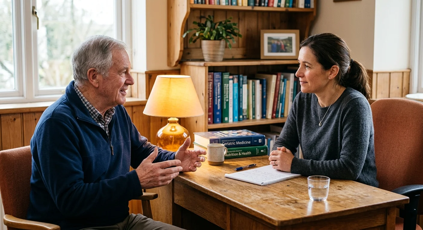 A senior man discusses his health and hydration habits with an empathetic doctor in a warm, comfortable office setting.