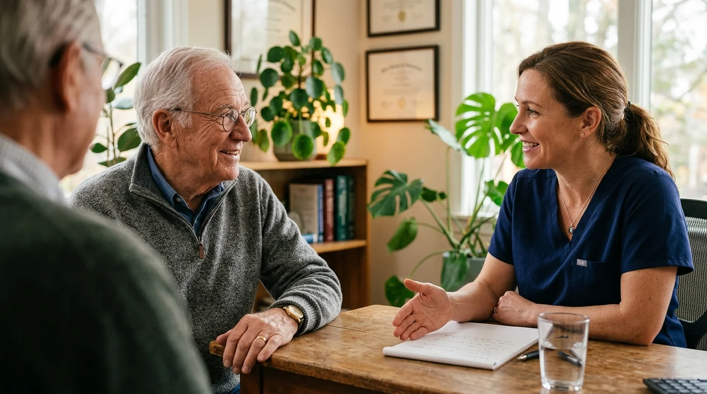 A senior man has a warm, relaxed consultation with a health professional in a bright office filled with plants.