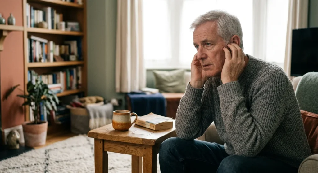 A senior man in his living room touching his ear with a look of quiet concern, captured in a warm, natural photography style.