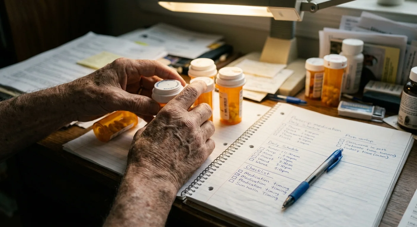 A senior man's weathered hands organize prescription pill bottles next to a handwritten medication schedule notebook on a desk.