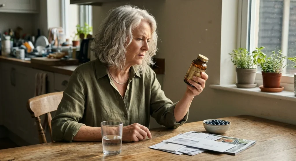 A senior woman in a sunlit kitchen thoughtfully inspects the label on an amber multivitamin bottle at her wooden table.
