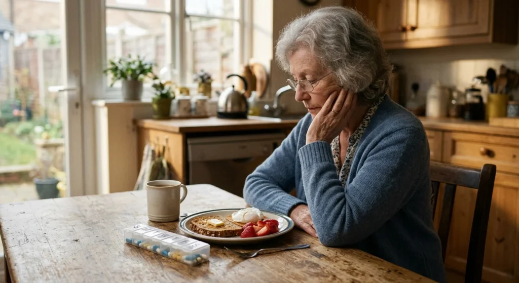 A senior woman sits thoughtfully at a sunlit wooden kitchen table next to an untouched breakfast plate and a weekly pill planner.