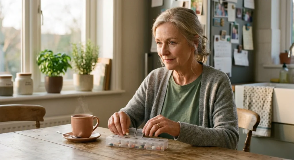 A senior woman sitting calmly at her sunlit kitchen table, organizing her medication with a peaceful smile, conveying financial peace of min
