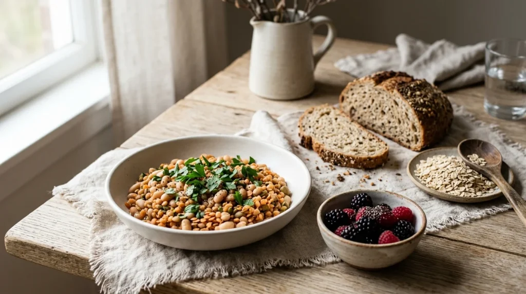 A bowl of bean salad, sliced whole-grain bread, rolled oats, and mixed berries arranged on a rustic wooden table.