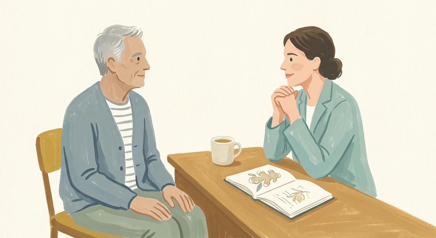A warm gouache illustration of a senior consulting a supportive healthcare professional in a friendly, non-clinical office.