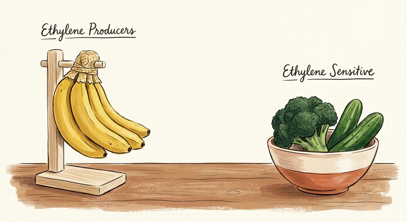 A warm gouache illustration showing bananas on a hanger separated from a bowl of green vegetables to prevent premature ripening.