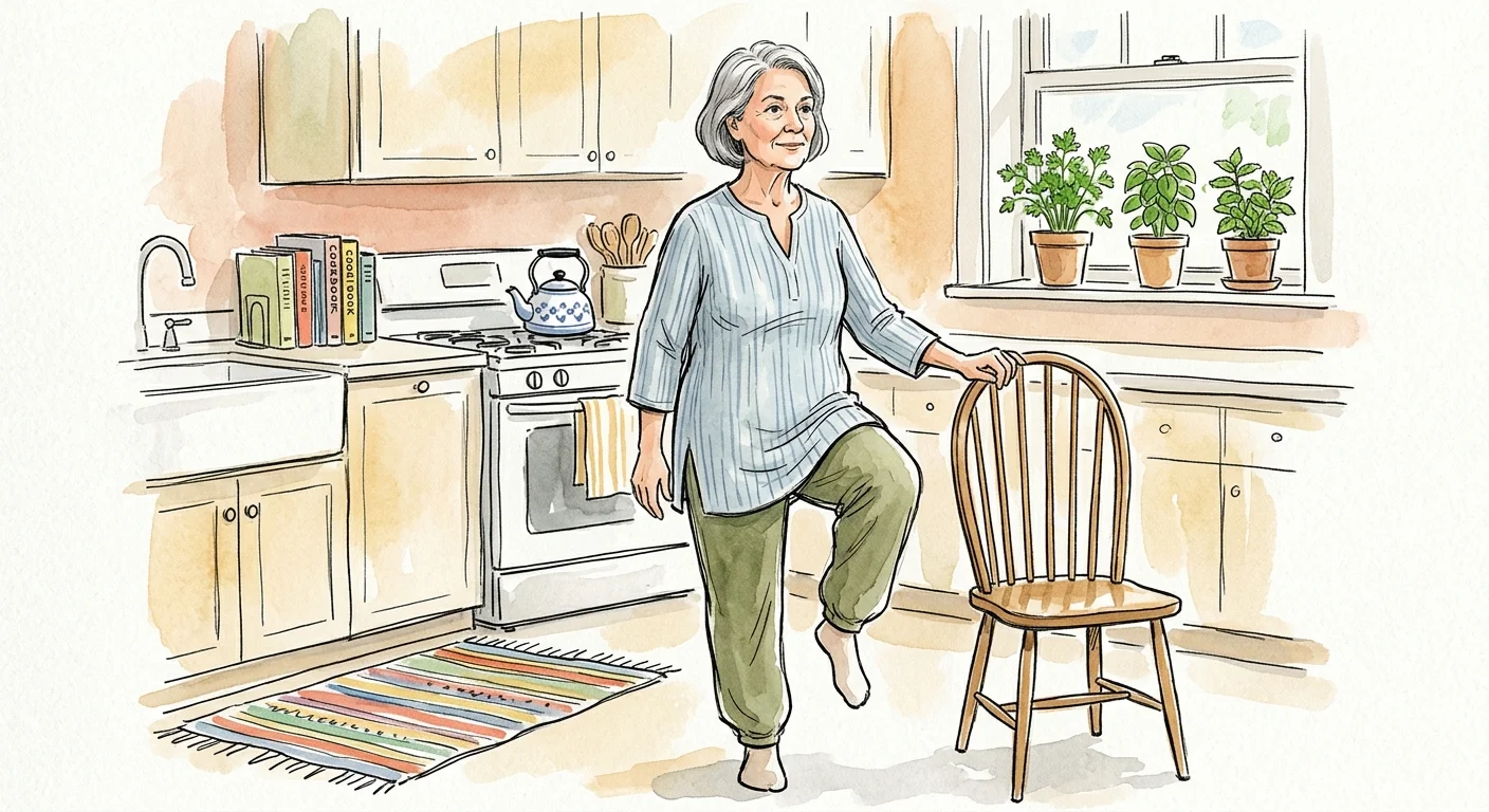 A warm ink and watercolor illustration of an older woman performing a balance exercise in her sunlit kitchen while holding a chair.