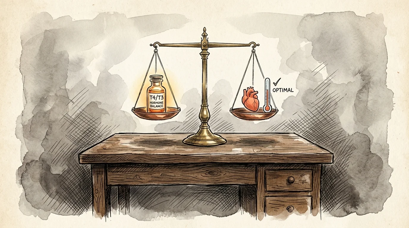 A watercolor illustration of a brass scale balancing a thyroid hormone vial against a heart and a thermometer.