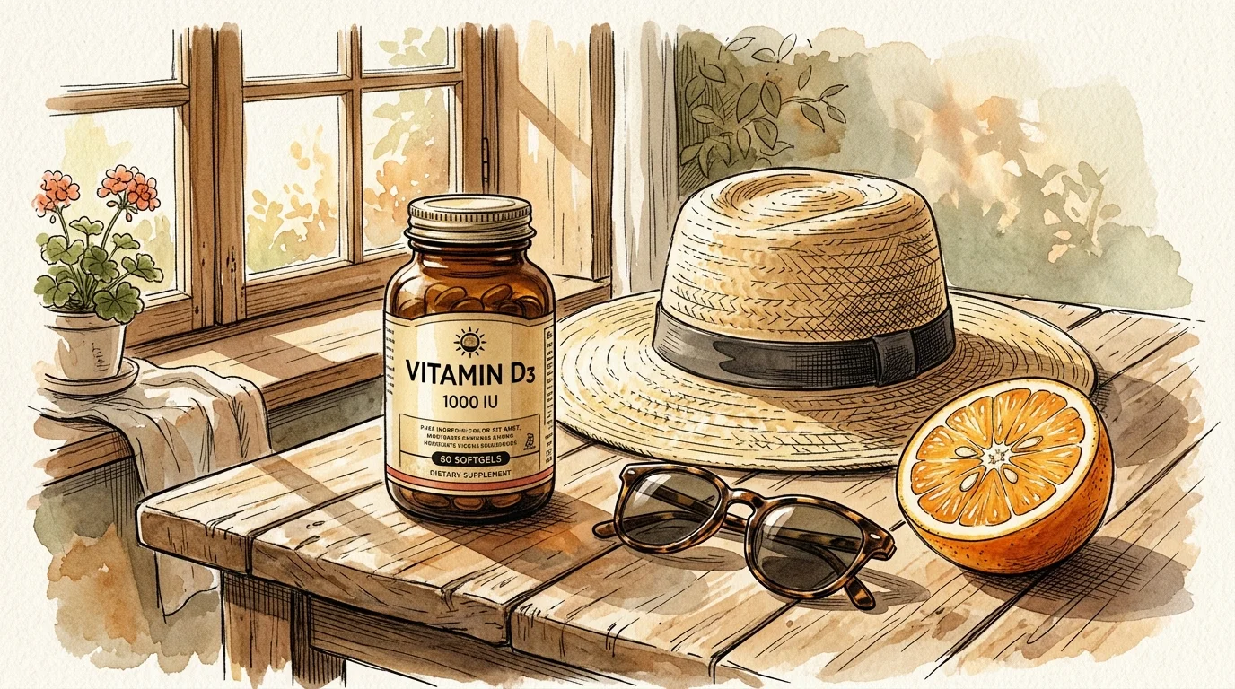 A watercolor illustration of a sun hat, sunglasses, orange slices, and a vitamin D bottle sitting on a sunlit wooden table.
