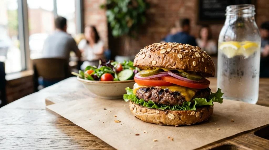 Cheeseburger on a seeded bun served with a side salad and a bottle of lemon water on a wooden table in a restaurant.