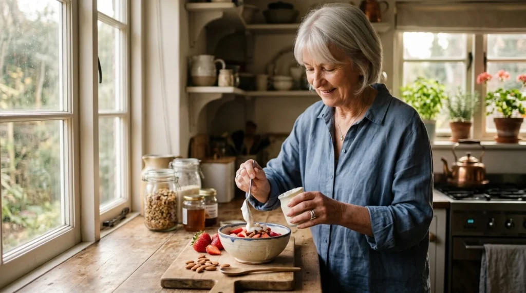 Active older woman preparing a high-protein breakfast of Greek yogurt and berries in a sun-drenched home kitchen.