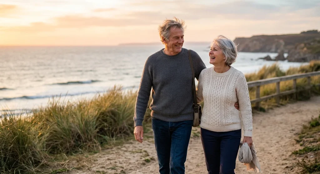 An active older couple laughing while walking on a scenic coastal path during a warm sunset, embodying health and vitality.