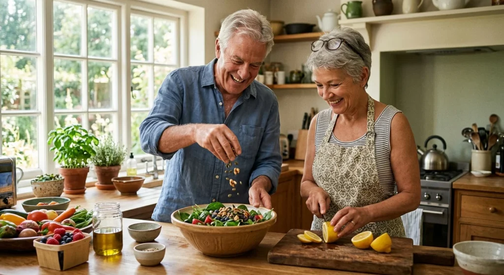An active older couple laughs while preparing a fresh, nutrient-rich salad with pumpkin seeds in their sunny home kitchen.