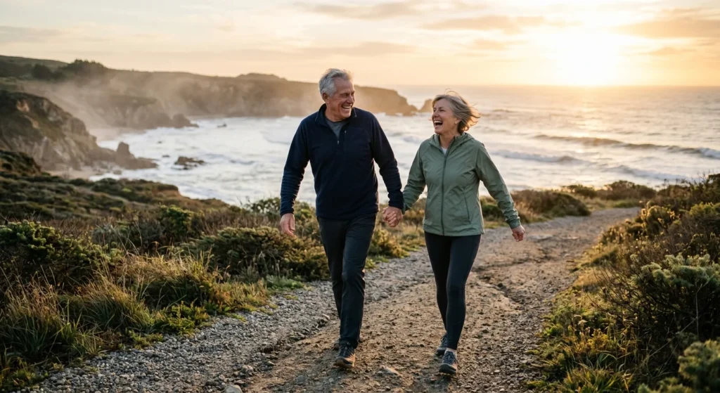 An active older couple laughs while walking along a scenic coastal path at sunrise, embodying energy and joint health.