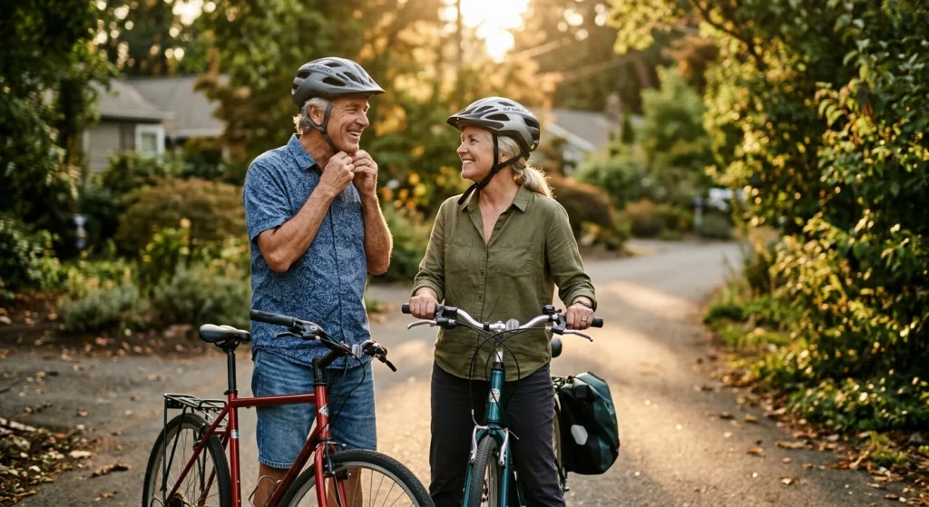 An active senior couple happily preparing their bicycles on a sunny, tree-lined path during golden hour.