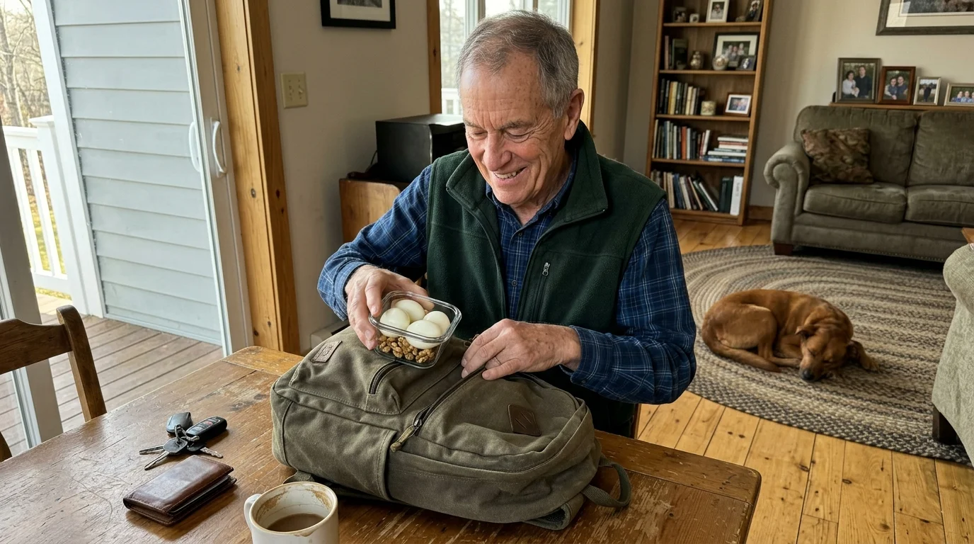 An active senior man packs a high-protein snack of hard-boiled eggs and nuts into his backpack before going outdoors.