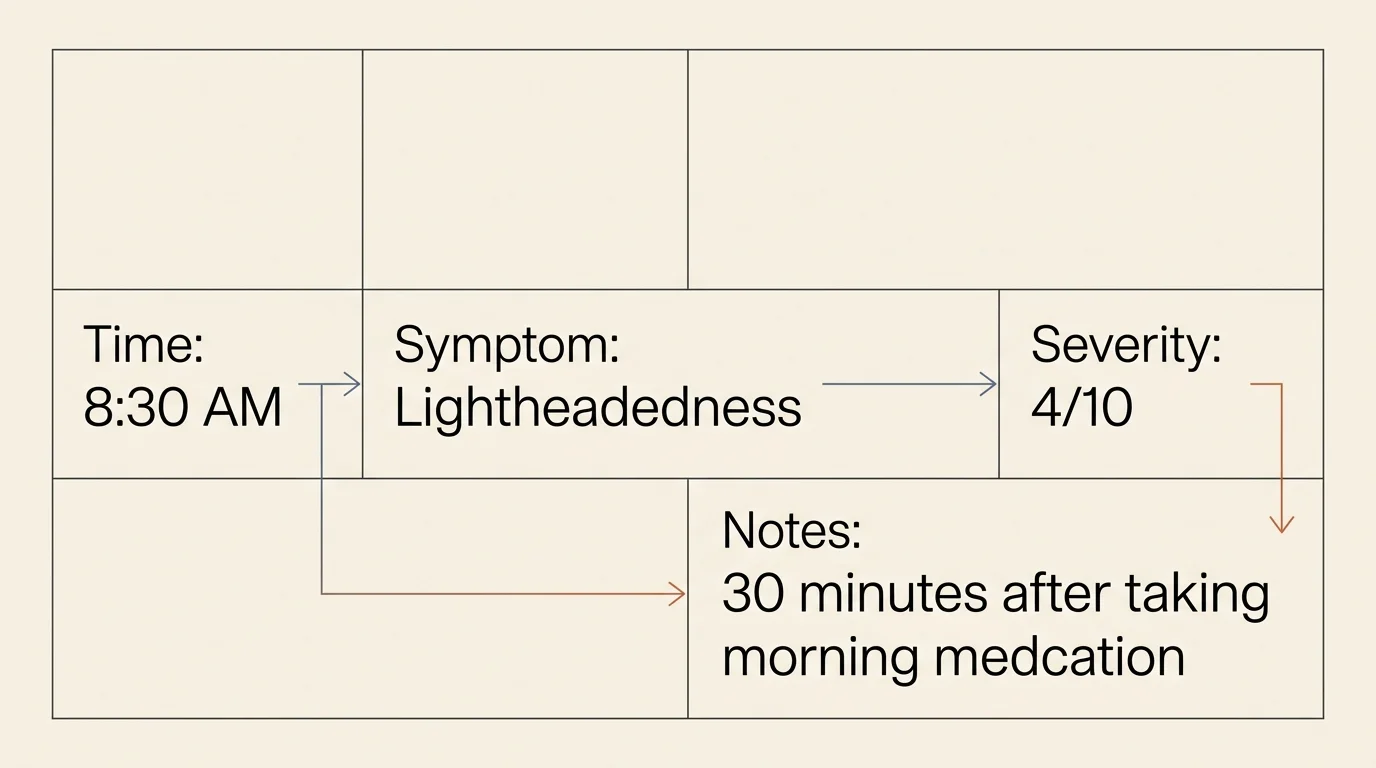 An annotated editorial diagram showing a clear, structured template page of a health symptom log with labels for time and severity.