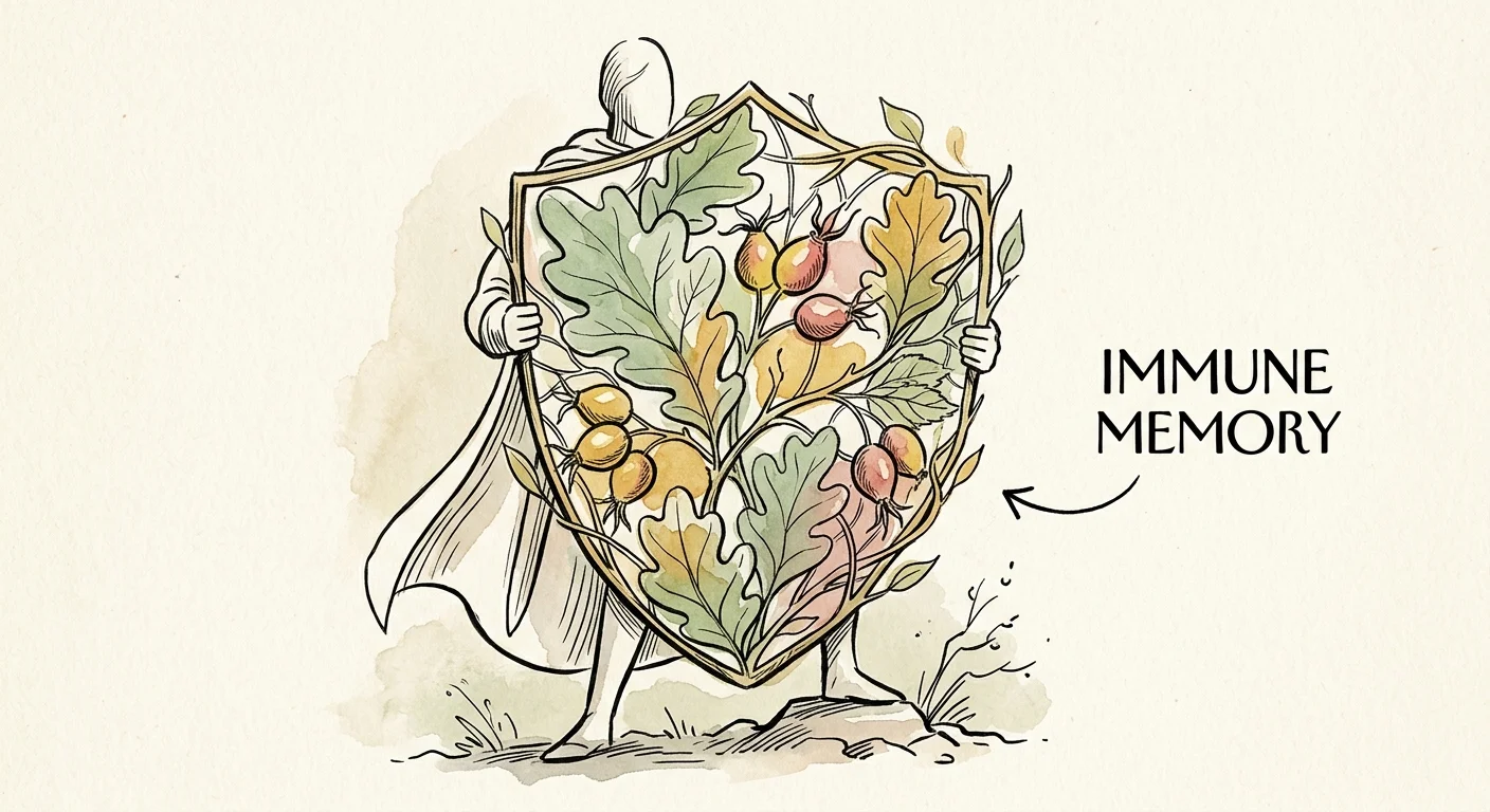 An artistic watercolor illustration of a protective shield made of oak leaves and rosehips, symbolizing immune memory.