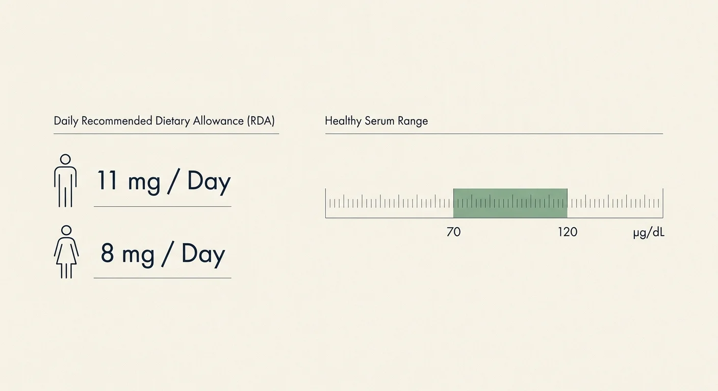 An editorial diagram showing the daily zinc RDA of 11 mg for men and 8 mg for women, alongside a healthy serum range of 70 to 120 micrograms