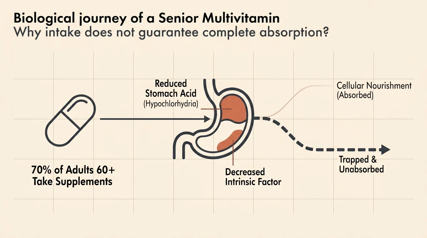 An editorial diagram showing the digestive path of a multivitamin, contrasting intake rates with age-related absorption blocks.