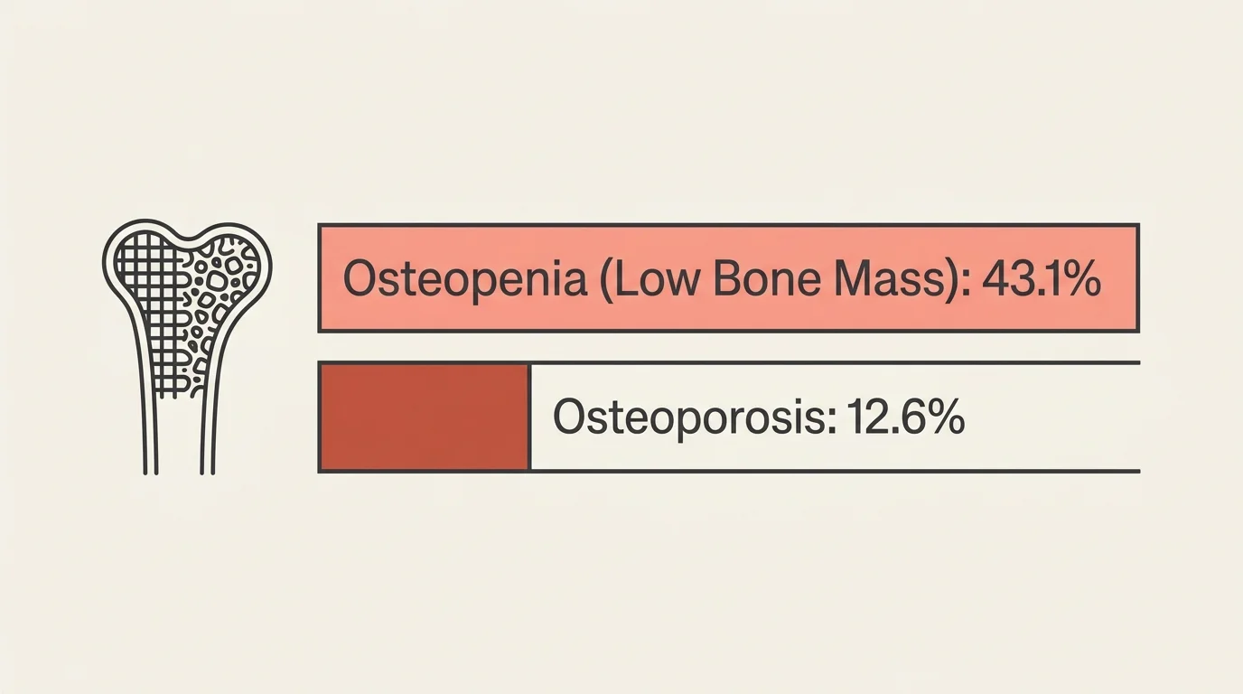 An editorial infographic showing CDC statistics for older adults: 43.1% Osteopenia in coral-pink and 12.6% Osteoporosis in terracotta-red.
