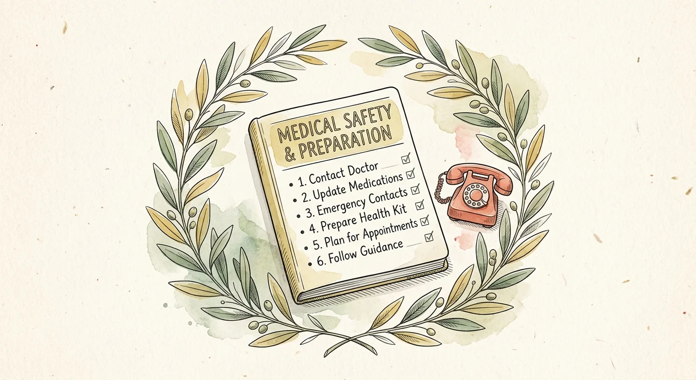 An editorial watercolor illustration of a soft green shield enclosing a red phone icon, representing health safety precautions.