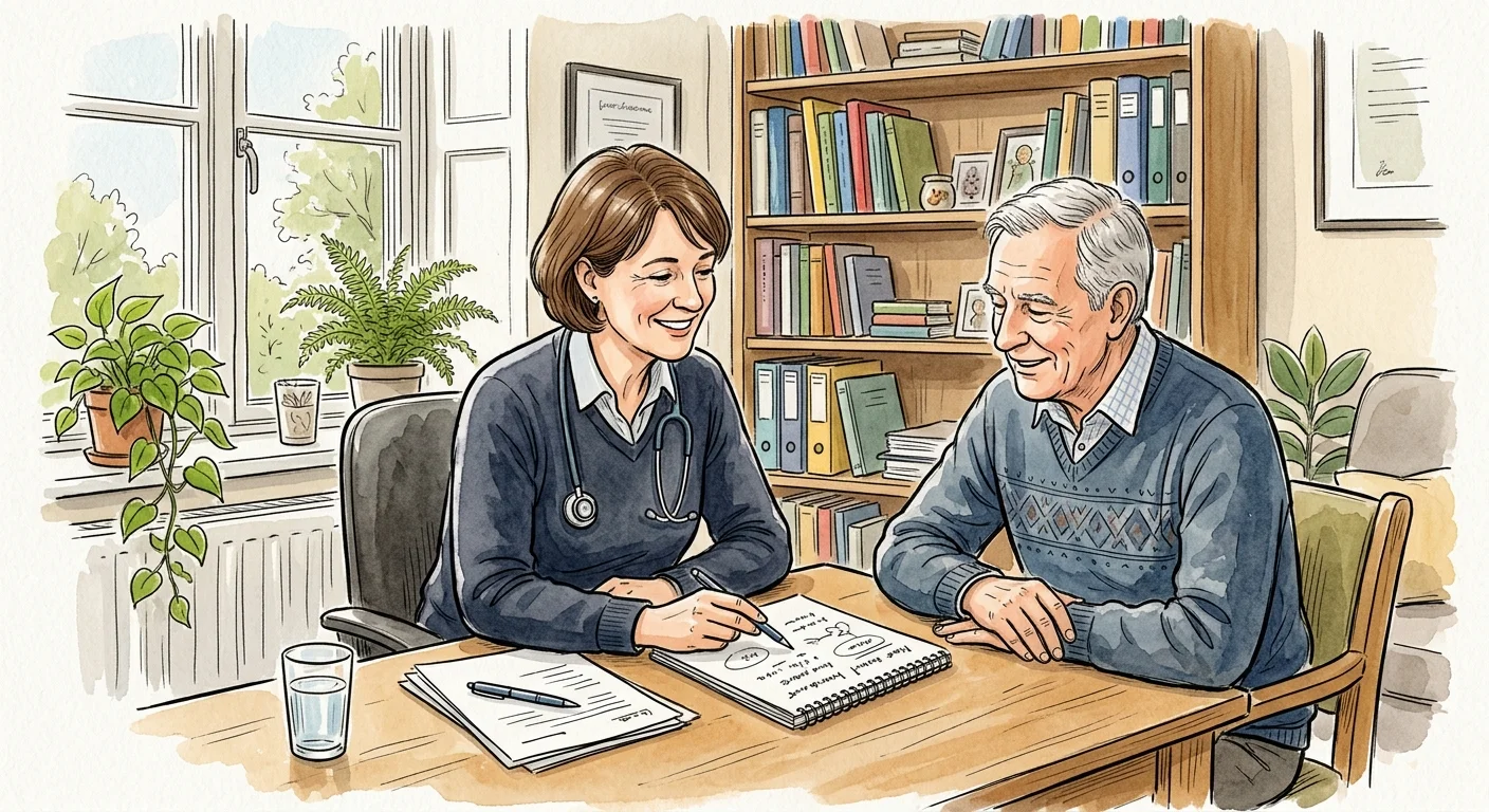 An editorial watercolor illustration of an older patient and a supportive doctor discussing health plans in a sunlit office.