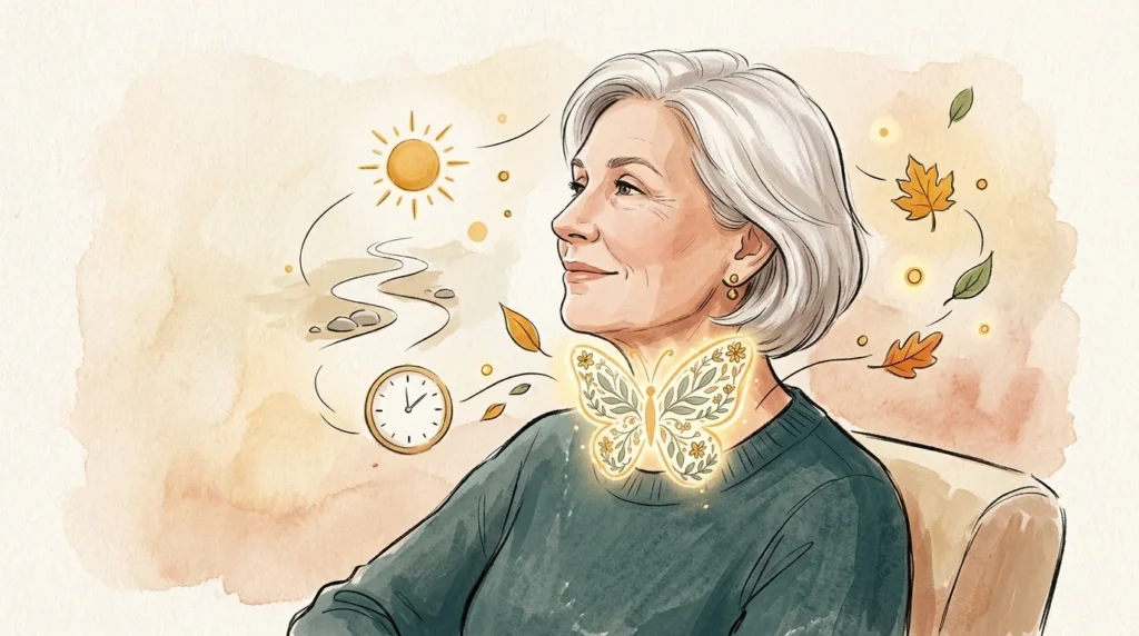 An elegant gouache illustration of a mature woman with a glowing butterfly motif on her neck, symbolizing thyroid vitality.