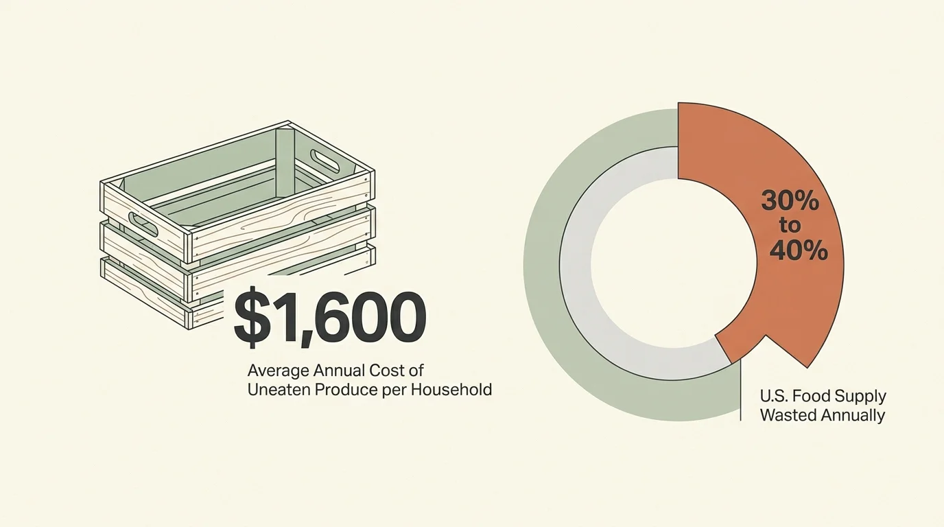 An elegant horizontal infographic showing that households lose $1,600 annually and 30% to 40% of the U.S. food supply is wasted.
